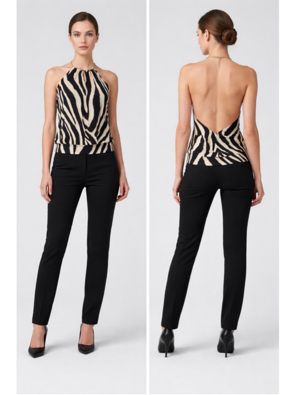 Express Y2K Satin Zebra Print Halter Tank Top Black Beige Size XS (PTP 15”)